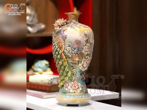 Mai bình men vân mây đắp nổi Công Đào màu nâu loang vẽ vàng 24k, cao 55cm