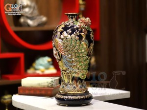 Mai bình men vân mây đắp nổi Công Đào màu xanh coban vẽ vàng 24k, cao 55cm