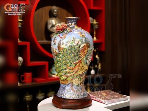 Mai bình men vân mây đắp nổi Công Đào màu xanh loang vẽ vàng 24k, cao 52cm