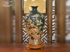 Mai bình men vân mây đắp nổi Công Đào Phú Quý vẽ vàng 24k, cao 56cm