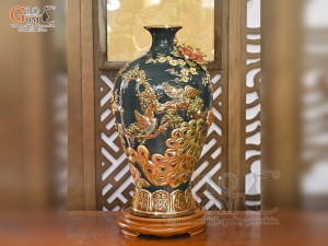 Mai bình men vân mây đắp nổi Công Đào Phú Quý vẽ vàng 24k, cao 56cm