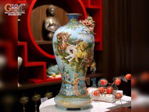 Mai bình men vân mây đắp nổi Mã Đáo Thành Công màu xanh loang vẽ vàng 24k, cao 55cm