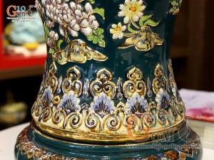 Mai bình men vân mây đắp nổi Mã Đáo Thành Công màu xanh lục bảo vẽ vàng 24k, cao 55cm
