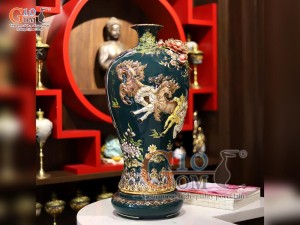Mai bình men vân mây đắp nổi Mã Đáo Thành Công màu xanh lục bảo vẽ vàng 24k, cao 55cm