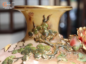 Mai bình men vân mây đắp nổi Thuận Buồm Xuôi Gió màu vàng loang vẽ vàng 24k, cao 52cm