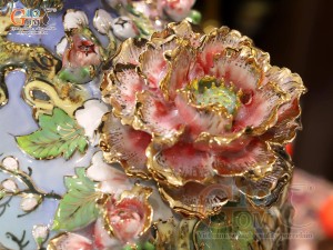 Mai bình men vân mây đắp nổi Thuận Buồm Xuôi Gió màu xanh loang vẽ vàng 24k, cao 52cm