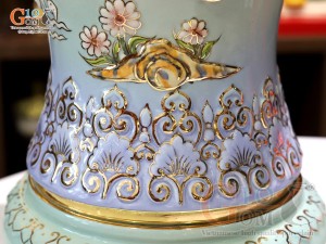 Mai bình men vân mây đắp nổi Thuận Buồm Xuôi Gió màu xanh loang vẽ vàng 24k, cao 52cm