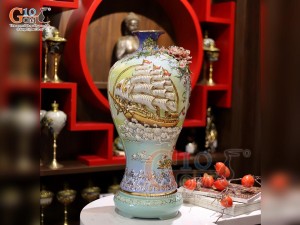 Mai bình men vân mây đắp nổi Thuận Buồm Xuôi Gió màu xanh loang vẽ vàng 24k, cao 52cm