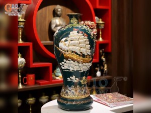 Mai bình men vân mây đắp nổi Thuận Buồm Xuôi Gió xanh lục vẽ vàng 24k, cao 55cm