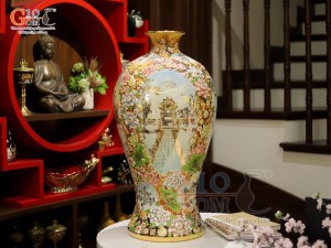 Mai bình men vân mây đắp nổi Tứ Cảnh vẽ vàng 24k, cao 75cm