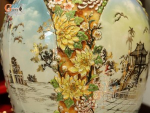 Mai bình men vân mây đắp nổi Tứ Cảnh vẽ vàng 24k, cao 75cm