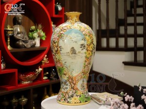 Mai bình men vân mây đắp nổi Tứ Cảnh vẽ vàng 24k, cao 75cm
