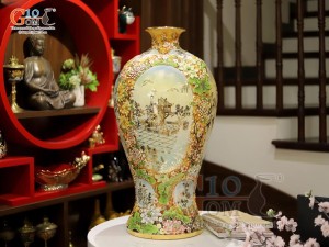 Mai bình men vân mây đắp nổi Tứ Cảnh vẽ vàng 24k, cao 75cm