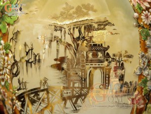 Mai bình men vân mây đắp nổi Tứ Cảnh vẽ vàng 24k, cao 75cm