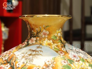 Mai bình men vân mây đắp nổi Tứ Cảnh vẽ vàng 24k, cao 75cm