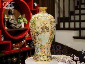 Mai bình men vân mây đắp nổi Tứ Cảnh vẽ vàng 24k, cao 75cm