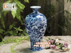 Mai bình Tài Lộc men rong cổ họa tiết Chim Hoa, cao 50cm