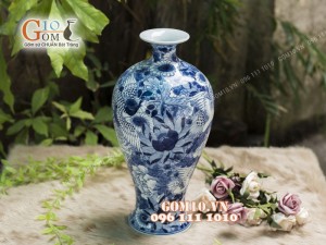 Mai bình Tài Lộc men rong cổ họa tiết Chim Hoa, cao 44cm