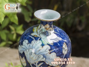 Mai bình tài lộc men rong cổ họa tiết hoa Sen, cao 38cm - vẽ Vàng 24k