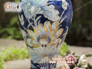 Mai bình tài lộc men rong cổ họa tiết hoa Sen, cao 38cm - vẽ Vàng 24k