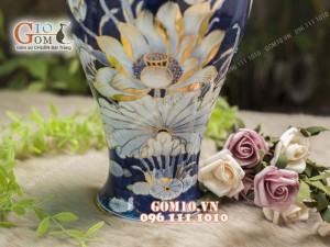 Mai bình tài lộc men rong cổ họa tiết hoa Sen, cao 38cm - vẽ Vàng 24k