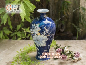 Mai bình tài lộc men rong cổ họa tiết hoa Sen, cao 38cm - vẽ Vàng 24k