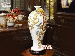 Mai bình tài lộc Phát Tài Phát Lộc đắp nổi dát vàng, nền trắng, cao 42cm