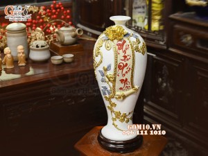 Mai bình tài lộc Phát Tài Phát Lộc đắp nổi dát vàng, nền trắng, cao 42cm