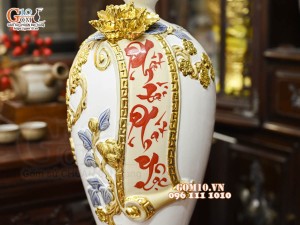 Mai bình tài lộc Phát Tài Phát Lộc đắp nổi dát vàng, nền trắng, cao 42cm