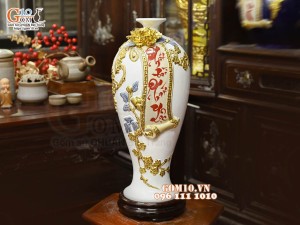 Mai bình tài lộc Phát Tài Phát Lộc đắp nổi dát vàng, nền trắng, cao 42cm