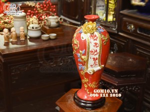 Mai bình tài lộc Vạn Sự Như Ý đắp nổi dát vàng, nền đỏ, cao 42cm