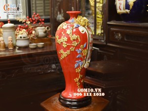 Mai bình tài lộc Vạn Sự Như Ý đắp nổi dát vàng, nền đỏ, cao 42cm