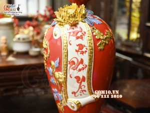 Mai bình tài lộc Vạn Sự Như Ý đắp nổi dát vàng, nền đỏ, cao 42cm
