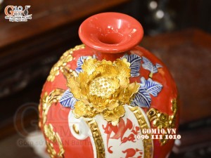 Mai bình tài lộc Vạn Sự Như Ý đắp nổi dát vàng, nền đỏ, cao 42cm