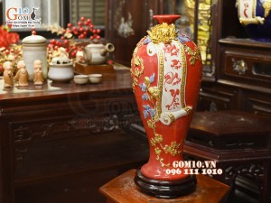 Mai bình tài lộc Vạn Sự Như Ý đắp nổi dát vàng, nền đỏ, cao 42cm