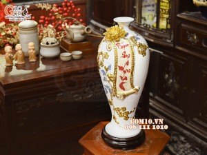 Mai bình tài lộc Vạn Sự Như Ý đắp nổi dát vàng, nền trắng, cao 42cm