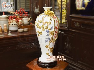 Mai bình tài lộc Vạn Sự Như Ý đắp nổi dát vàng, nền trắng, cao 42cm
