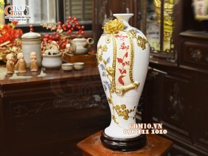 Mai bình tài lộc Vạn Sự Như Ý đắp nổi dát vàng, nền trắng, cao 42cm