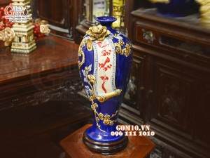 Mai bình tài lộc Vạn Sự Như Ý đắp nổi, nền xanh coban, cao 42cm