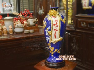 Mai bình tài lộc Vạn Sự Như Ý đắp nổi, nền xanh coban, cao 42cm