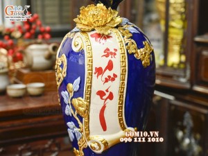 Mai bình tài lộc Vạn Sự Như Ý đắp nổi, nền xanh coban, cao 42cm
