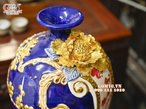 Mai bình tài lộc Vạn Sự Như Ý đắp nổi, nền xanh coban, cao 42cm