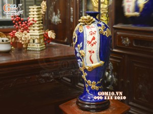 Mai bình tài lộc Vạn Sự Như Ý đắp nổi, nền xanh coban, cao 42cm