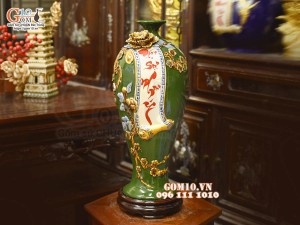 Mai bình tài lộc Vạn Sự Như Ý đắp nổi, nền xanh lục bảo, cao 42cm
