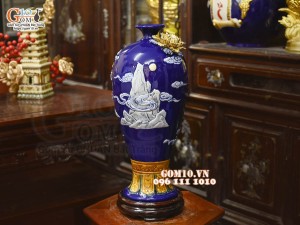 Mai bình Thuận Buồm Xuôi Gió đắp nổi, nền xanh coban, cao 50cm