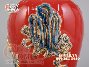 Mai bình Thuận Buồm Xuôi Gió đắp nổi vẽ vàng 24k, nền đỏ - cao 35cm