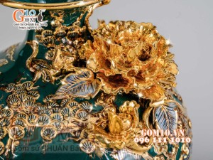 Mai bình Thuận Buồm Xuôi Gió đắp nổi vẽ vàng 24k, nền xanh lục bảo - cao 55cm