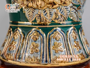 Mai bình Thuận Buồm Xuôi Gió đắp nổi vẽ vàng 24k, nền xanh lục bảo - cao 55cm