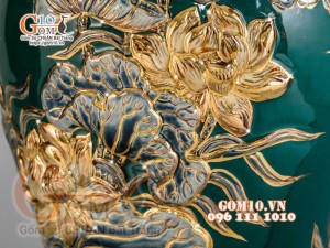 Mai bình Thuận Buồm Xuôi Gió đắp nổi vẽ vàng 24k, nền xanh lục bảo - cao 55cm