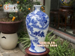 Mai bình vẽ tay men lam dáng đùi dế cảnh sơn thủy 51cm